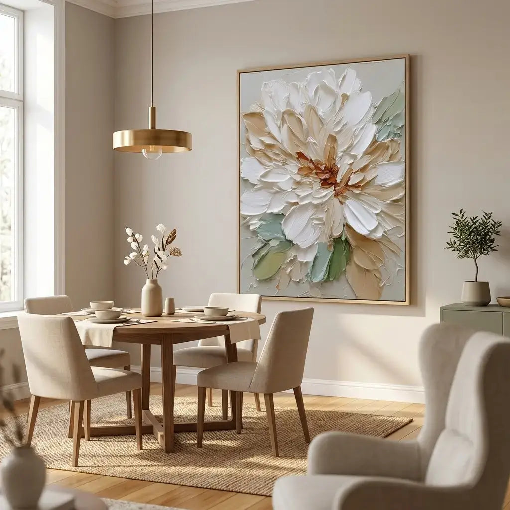 Dining room with a wooden table, chairs, and a large floral painting on the wall.