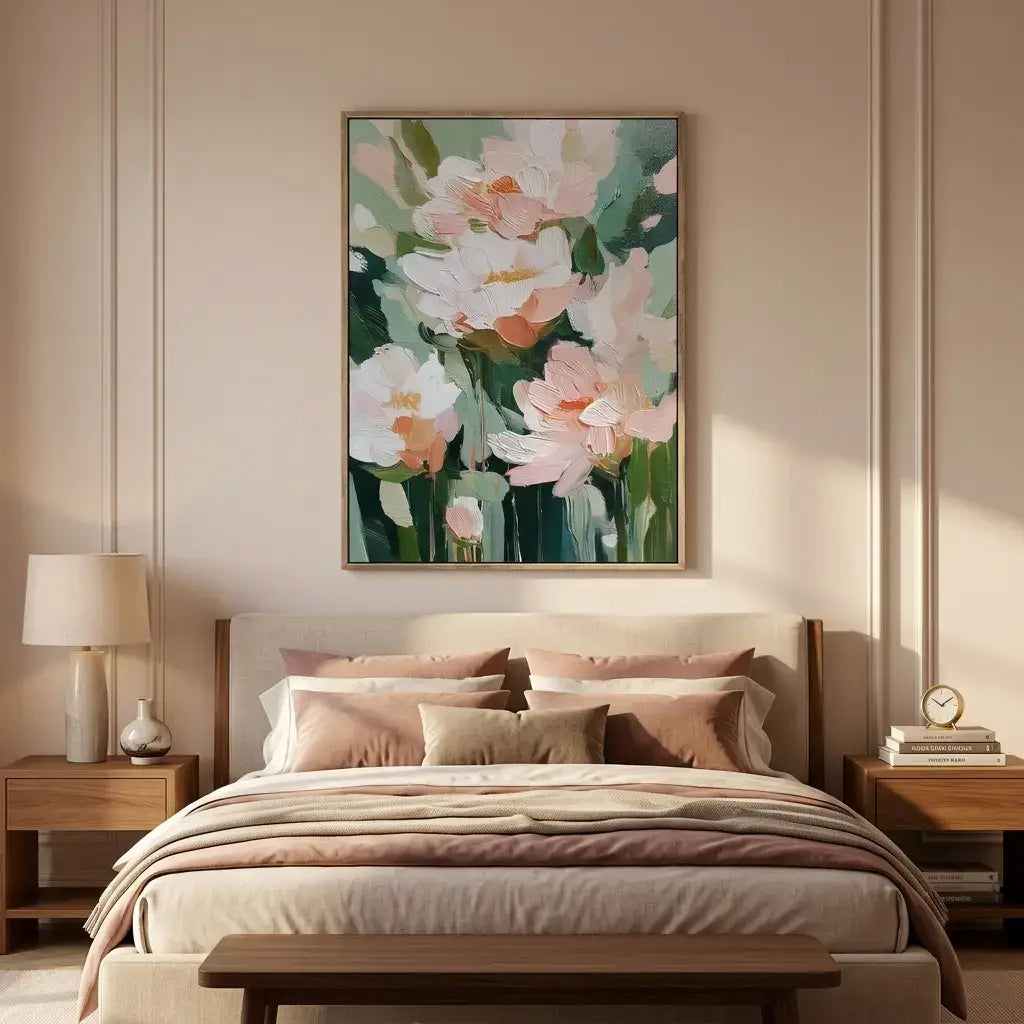 Decorative floral painting above a bed in a bedroom setting