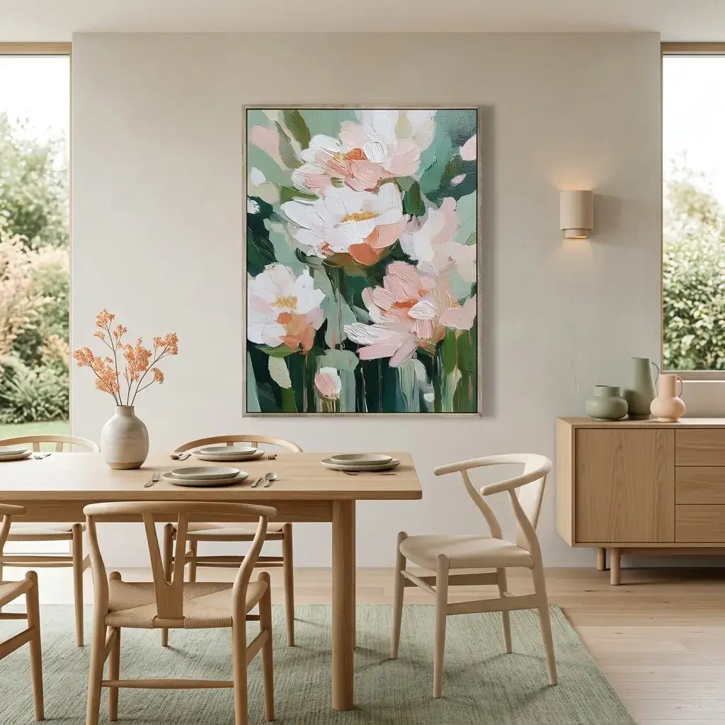 Dining room with a floral painting on the wall, wooden table, and chairs.