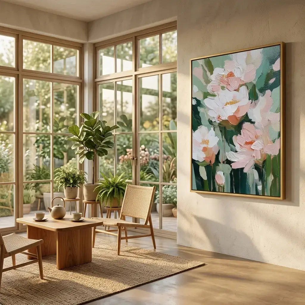Modern living room with large windows, wooden furniture, and a floral painting on the wall.