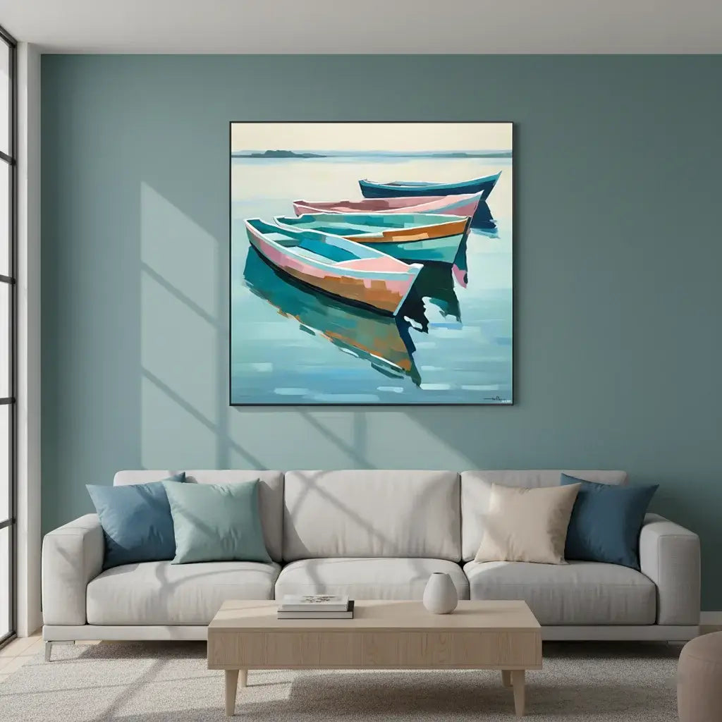 Living room with a gray sofa, wooden coffee table, and a painting of colorful boats on the wall.
