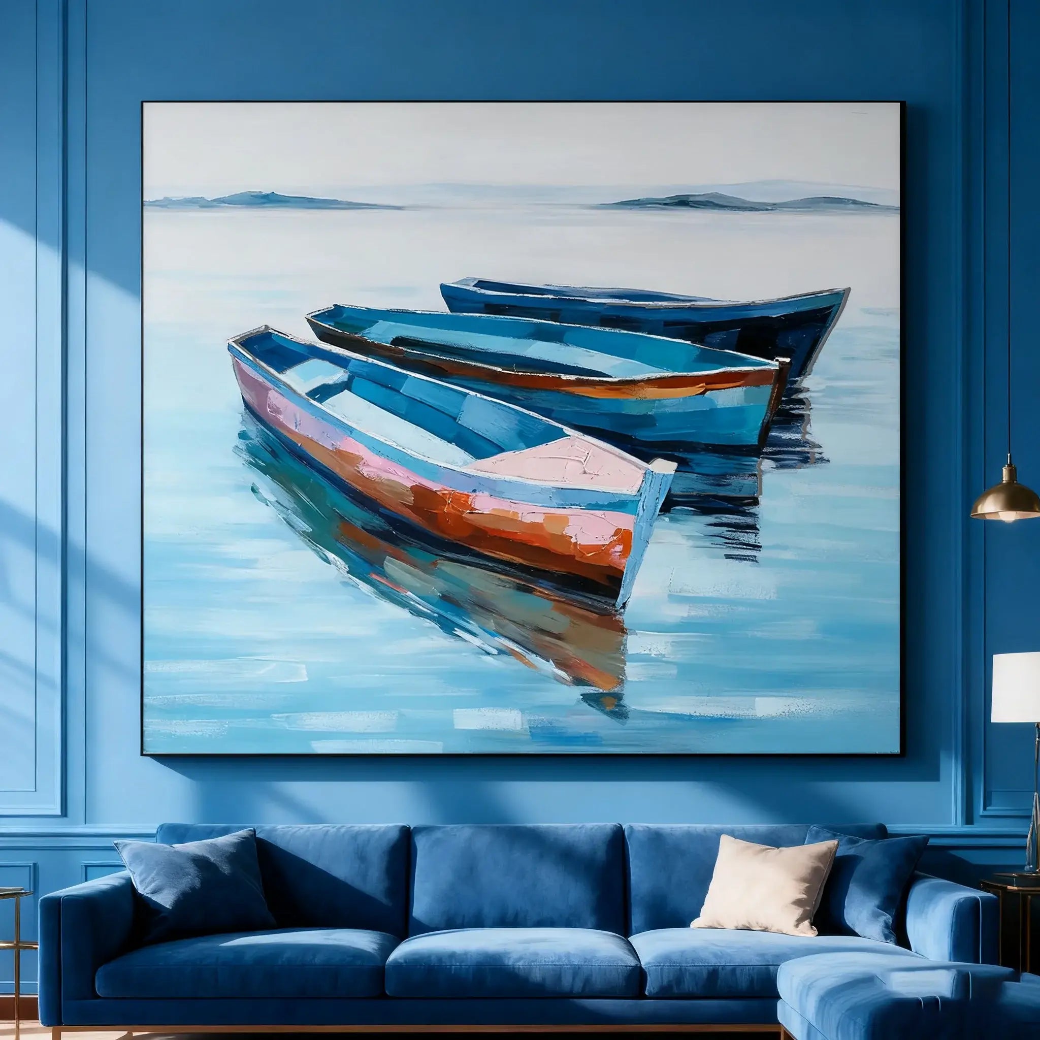 Framed painting of boats on water hanging above a blue sofa.
