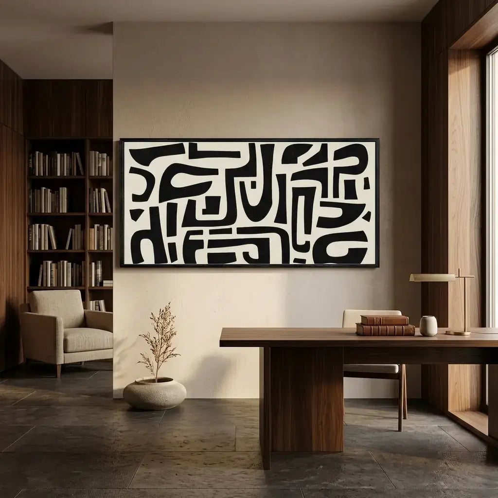 Modern interior with a abstract black and white artwork on the wall, bookshelf, and wooden table.