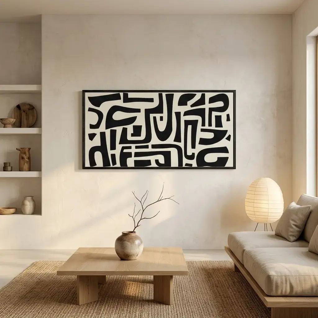 Modern living room with abstract wall art, wooden coffee table, and beige sofa.