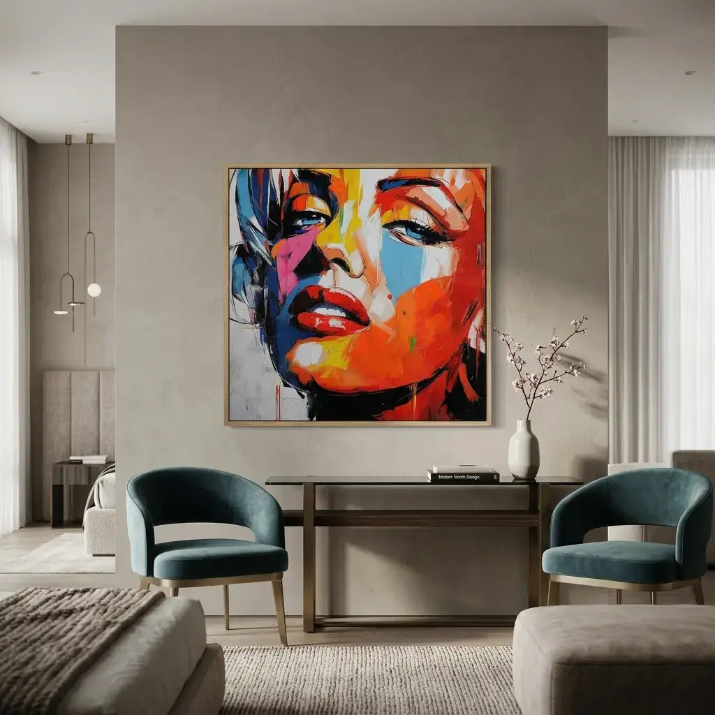 Modern living room with colorful abstract painting on the wall