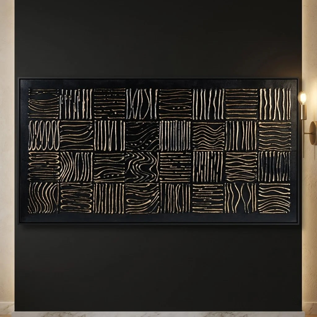 Modern living room with a black leather sofa and abstract wall art.