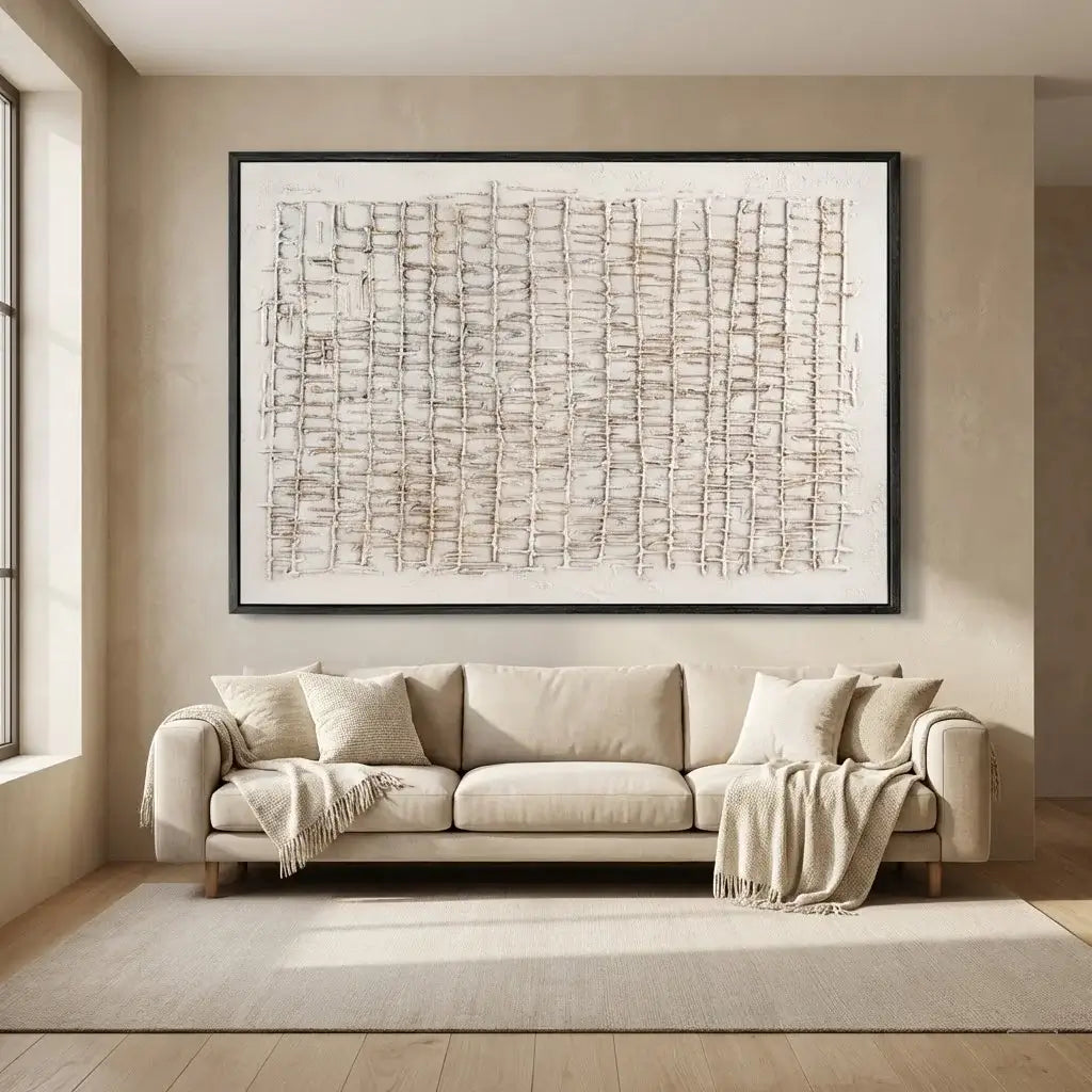 Beige sofa in a living room with a large abstract painting on the wall.