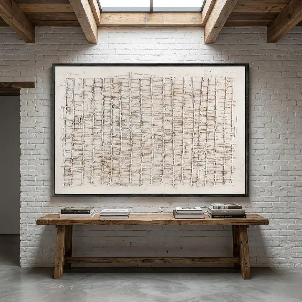 Large abstract artwork on a brick wall with a wooden bench below