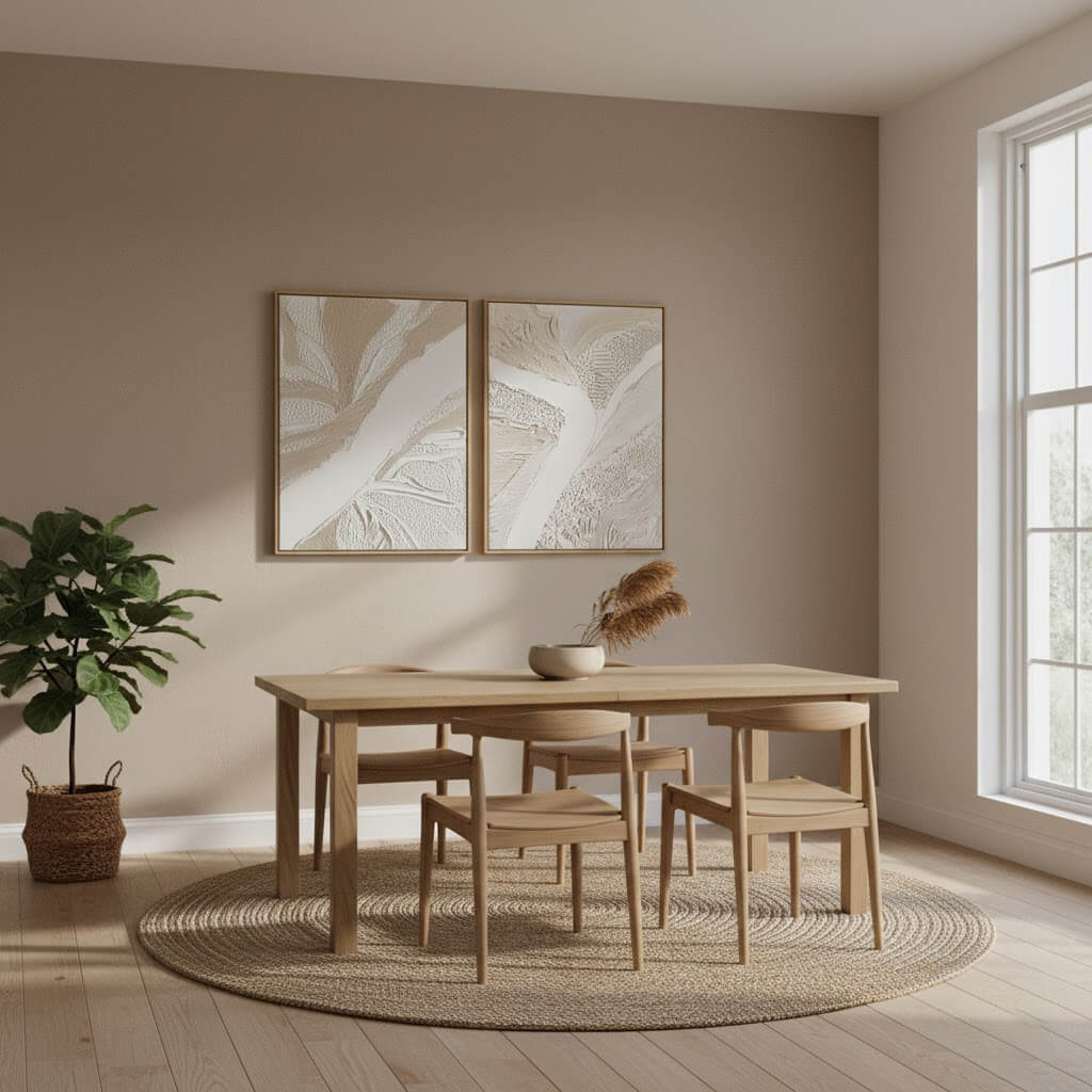 Dining room with wooden table and chairs, abstract wall art, and a plant.