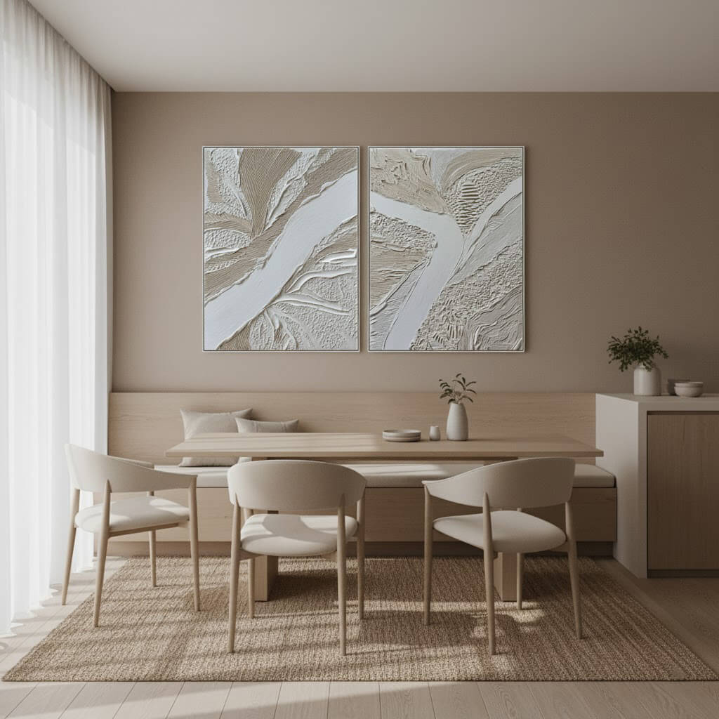 Dining room with a wooden table and chairs, abstract wall art, and a vase on a shelf.