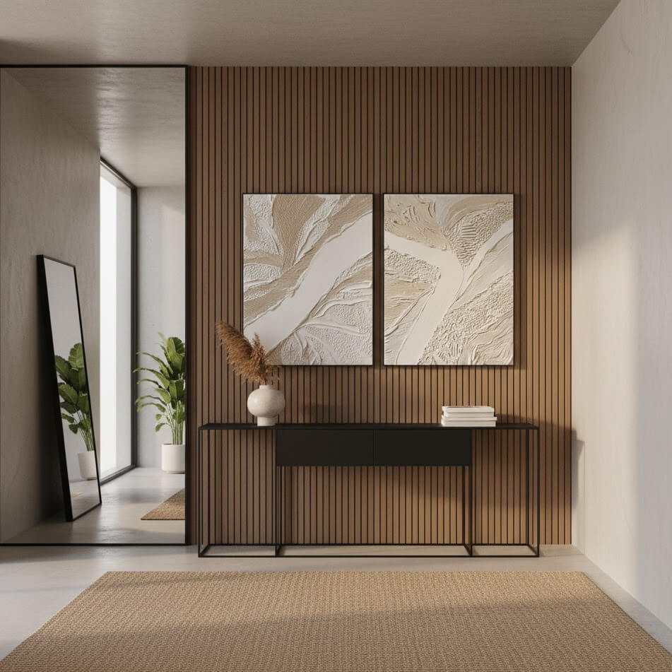 Modern interior design with abstract wall art and a console table.