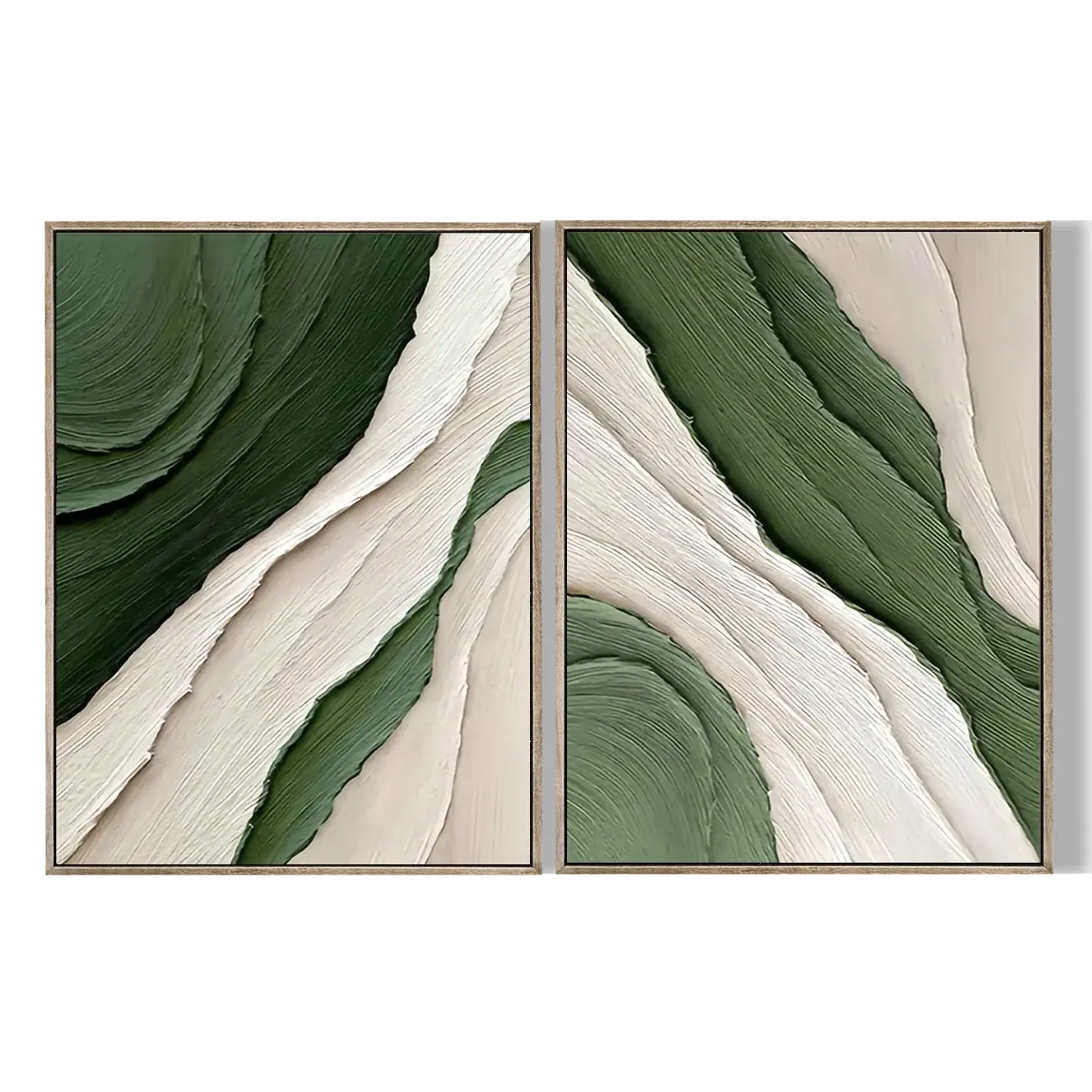 Two abstract art pieces with green and beige colors on a white background