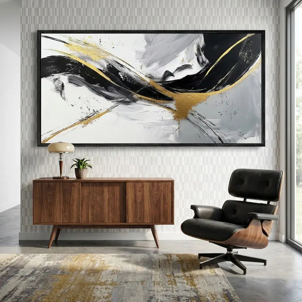 Modern living room with abstract art, wooden sideboard, and black chair.