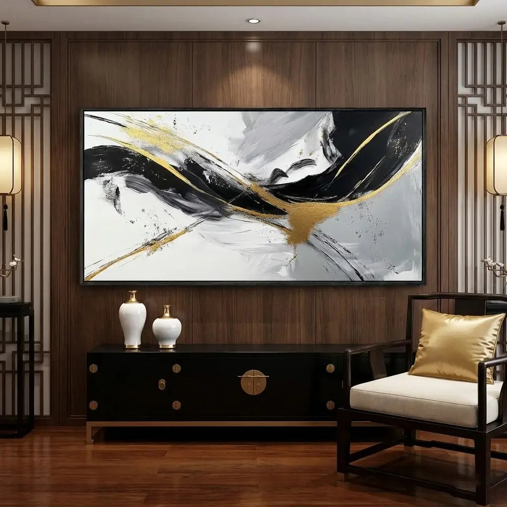 Modern living room with abstract painting, furniture, and decor.