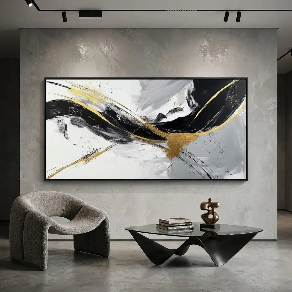 Abstract painting in a modern living room with a chair and coffee table.