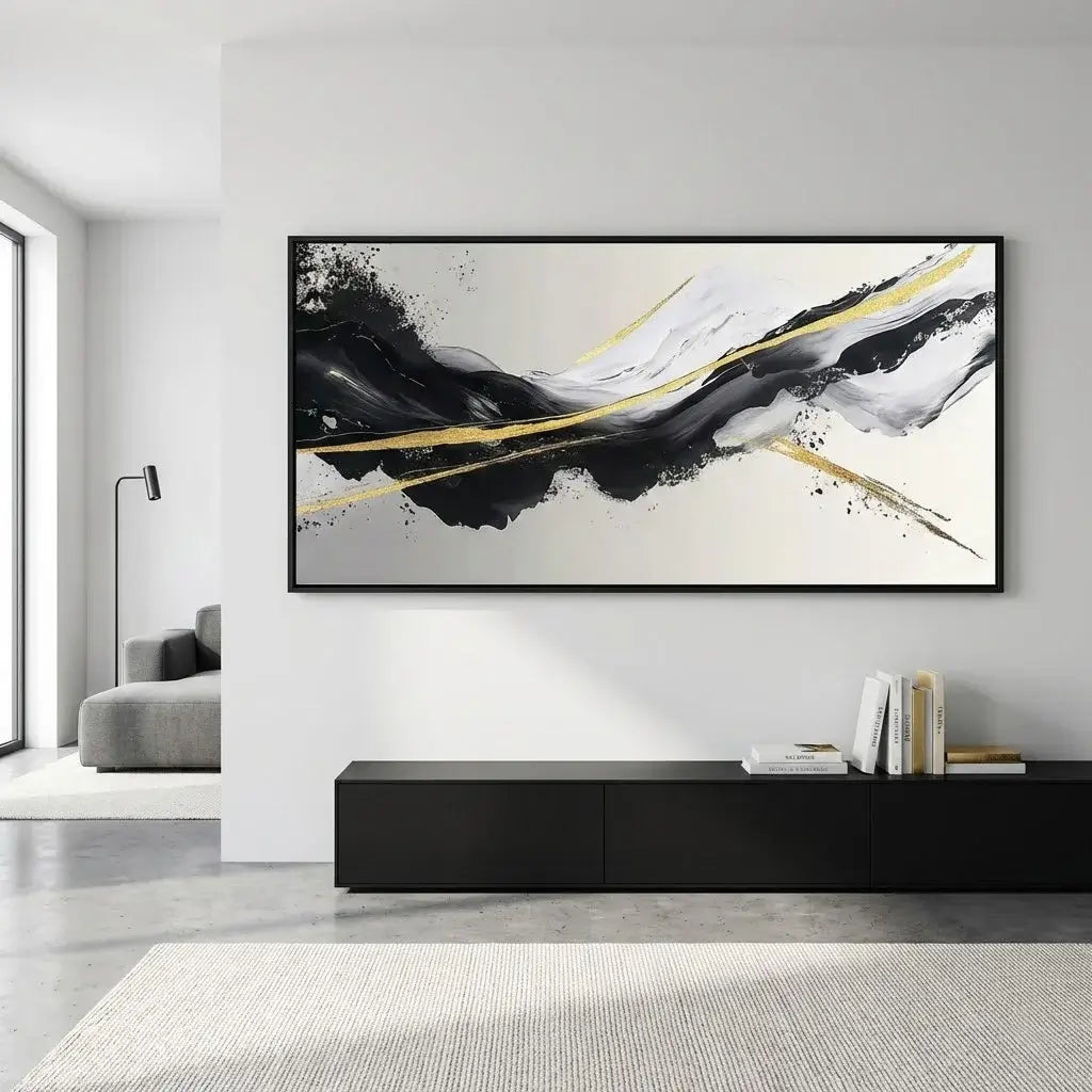 Abstract art piece in a modern living room setting