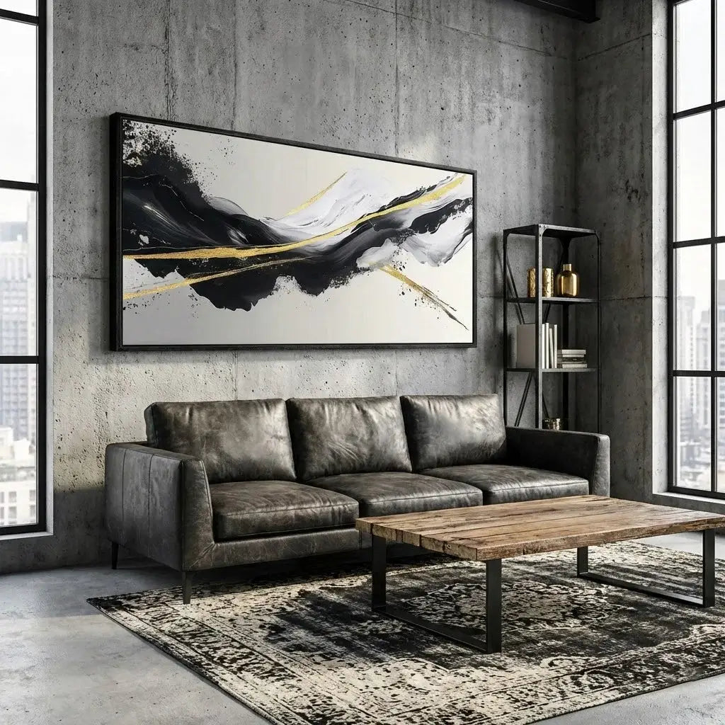 Modern living room with a gray sofa, wooden coffee table, and abstract art on the wall.