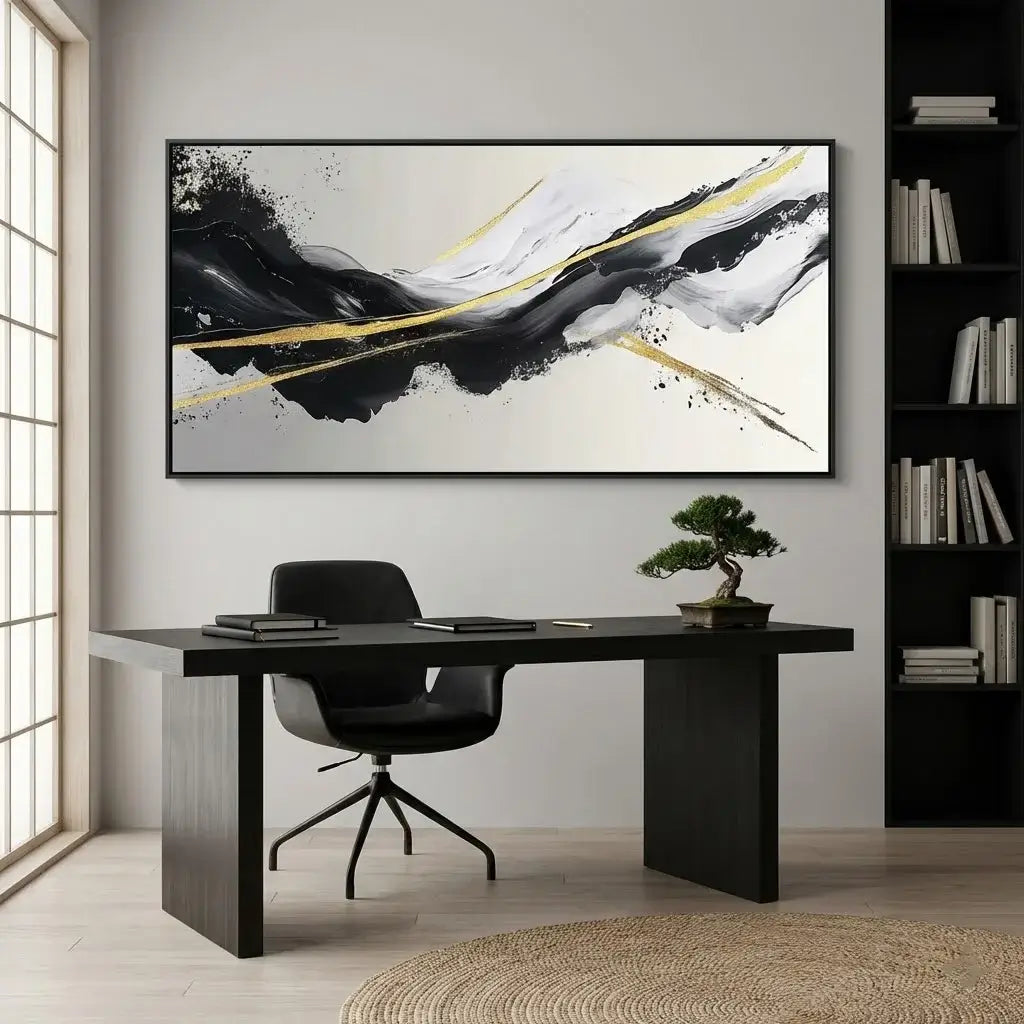 Modern office setup with a black desk, chair, and abstract painting on the wall.