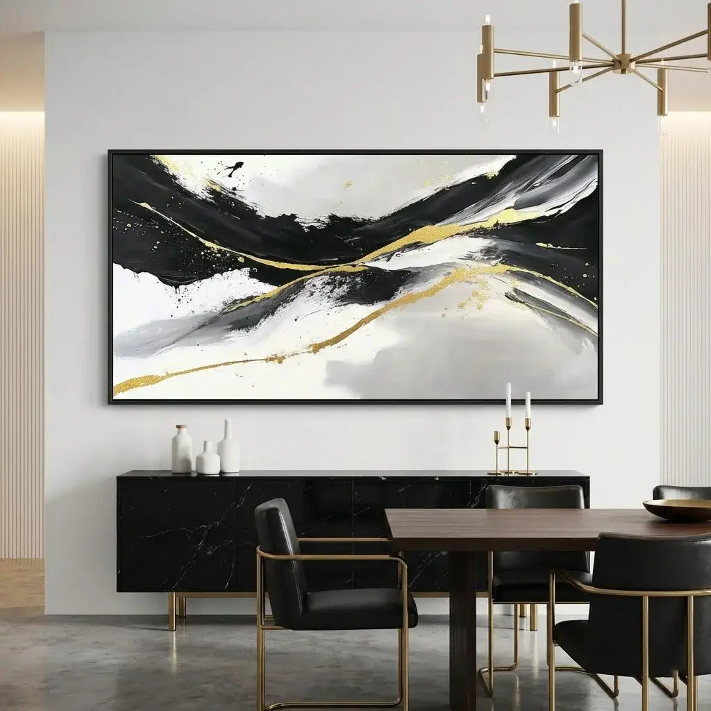 Modern dining room with abstract art on the wall