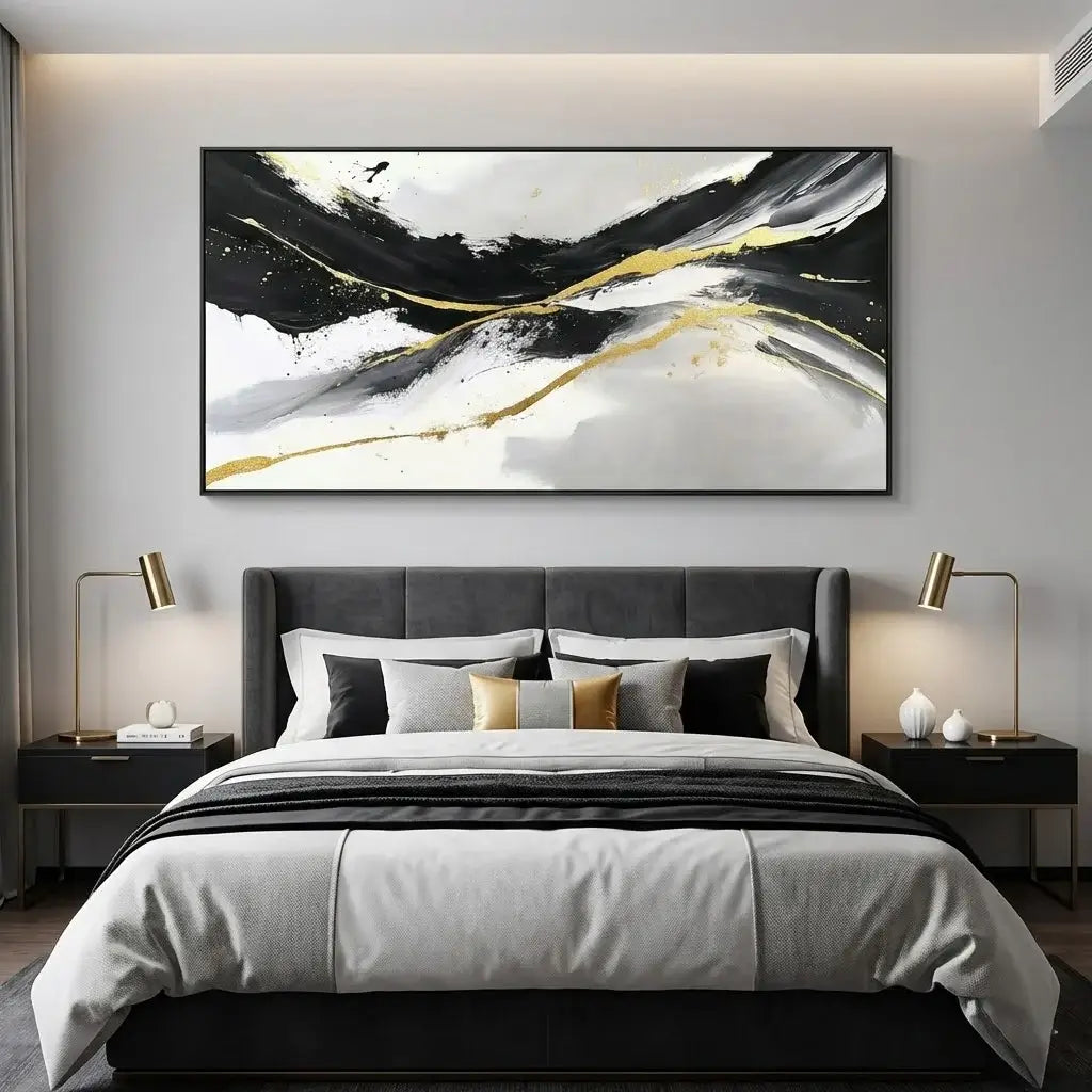 Modern bedroom with abstract art above the bed