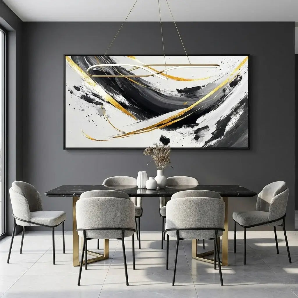Dining room with a modern abstract painting on the wall above a dining table and chairs.