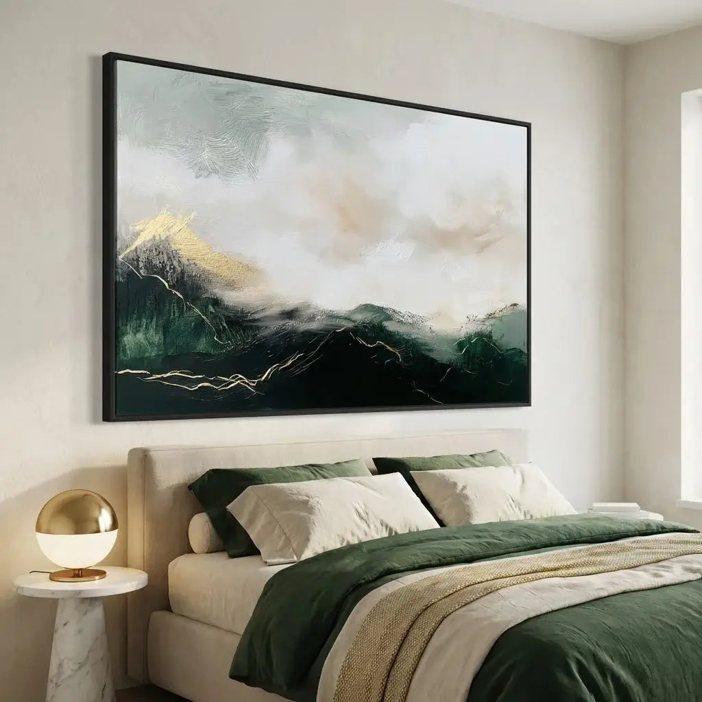 Bedroom with abstract mountain painting on the wall