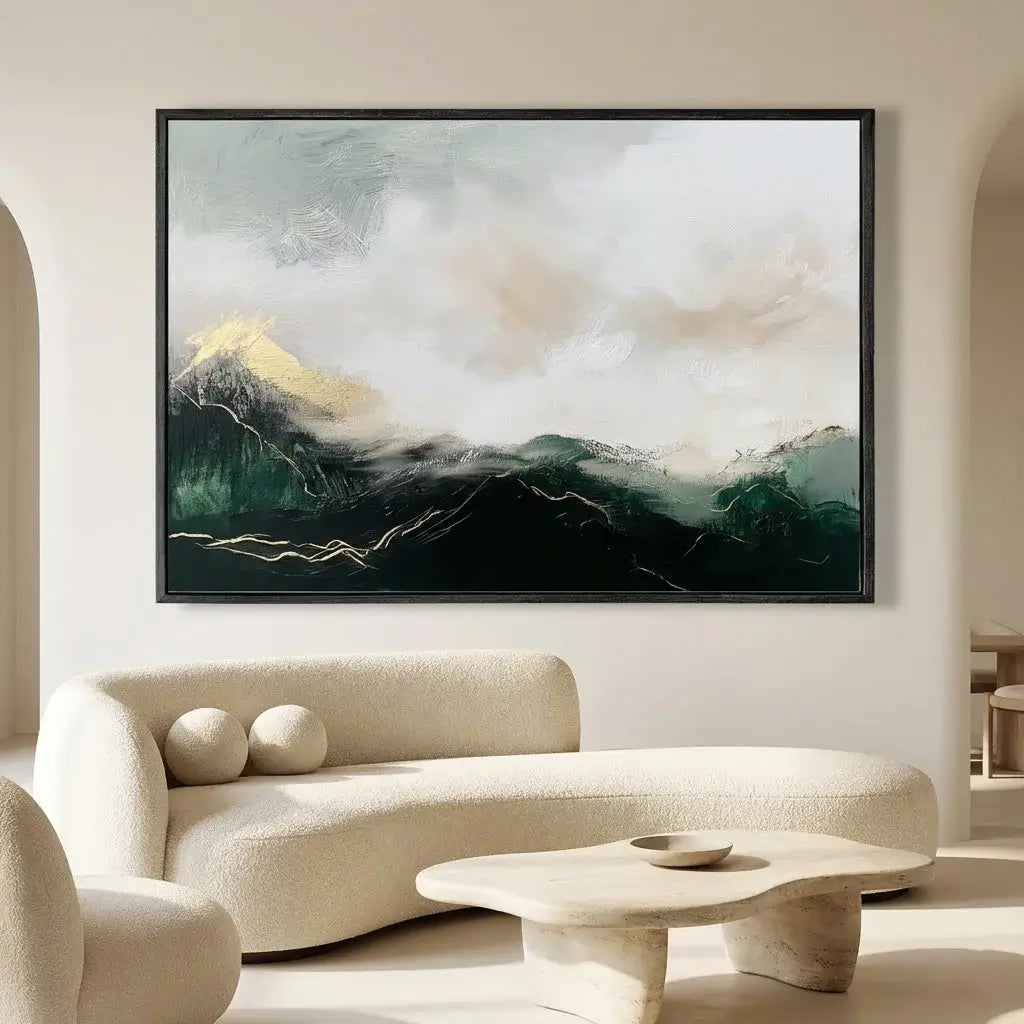 Abstract mountain landscape painting in a modern living room.