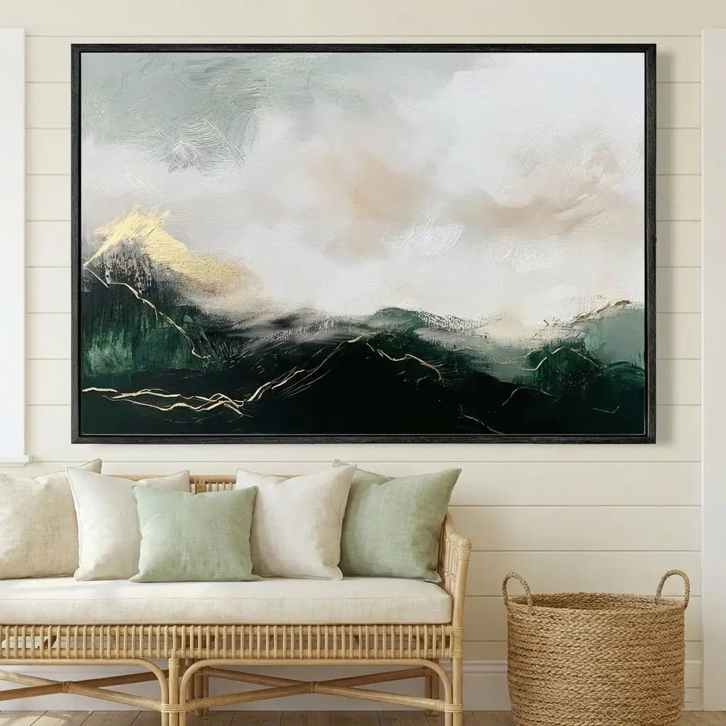 Framed abstract painting above a sofa with decorative pillows and a woven basket.