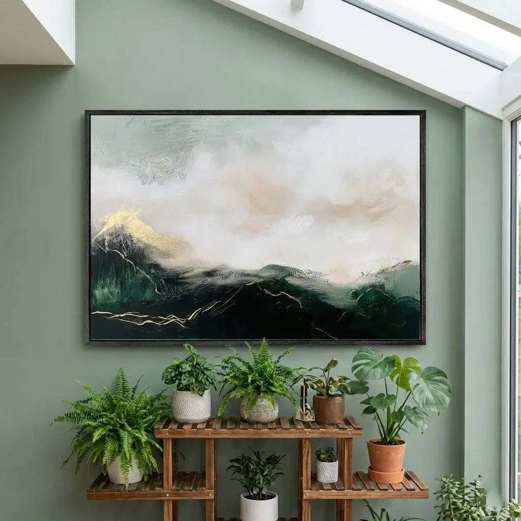 Framed abstract painting on a wall with a wooden shelf displaying potted plants below.