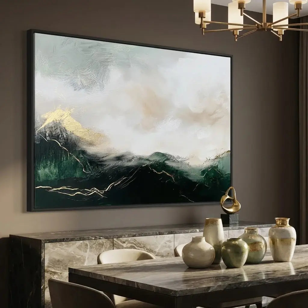 Abstract painting on a wall above a table with decorative vases in a room.