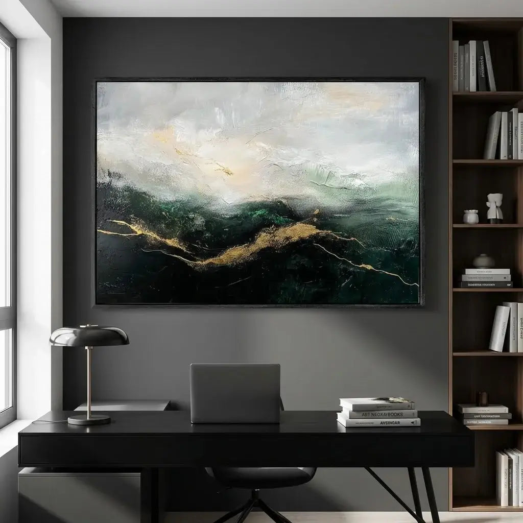 Modern office with a desk, lamp, and abstract painting on the wall.