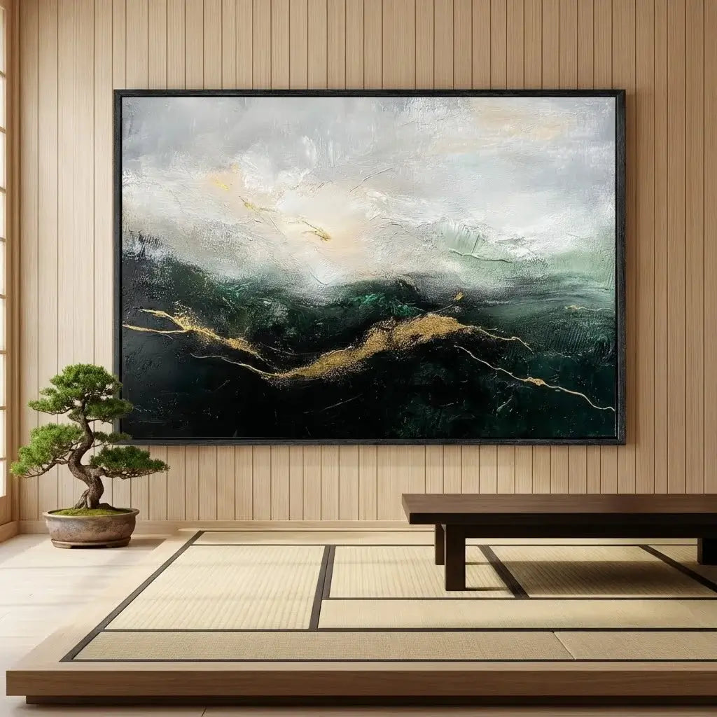 Abstract landscape painting in a room with wooden floor and bench