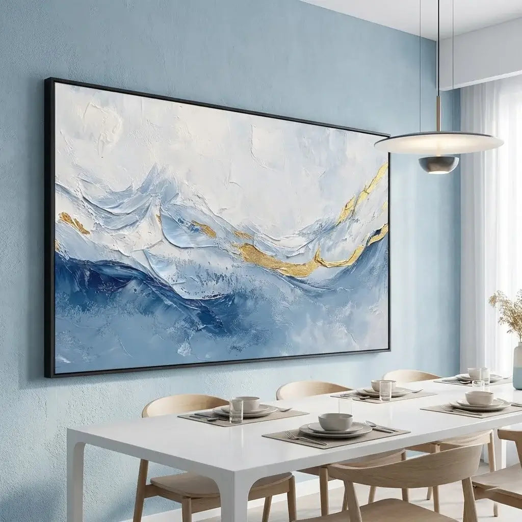 Dining room with a large abstract painting on the wall above a table set for dinner.
