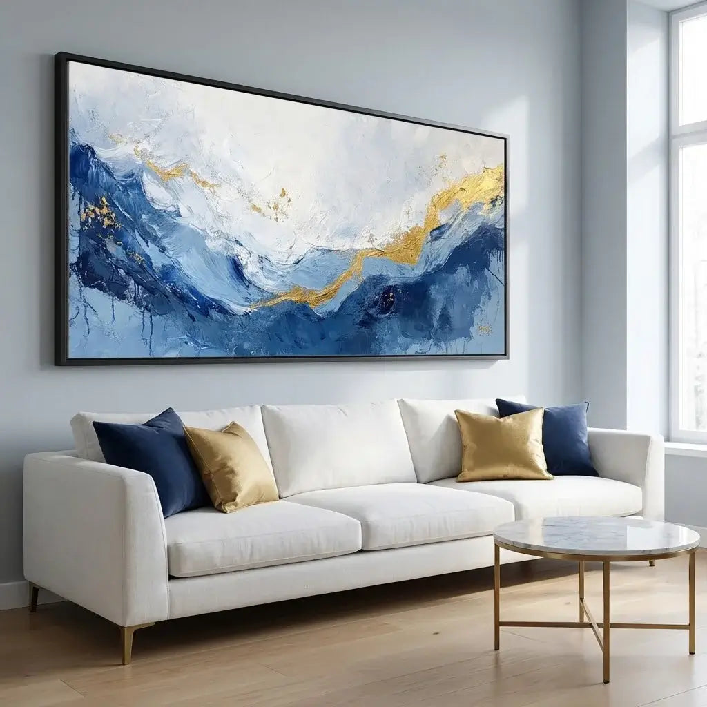 Modern living room with a white sofa, abstract painting, and gold coffee table.