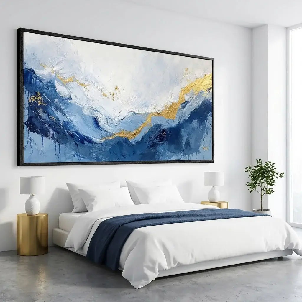 Modern bedroom with abstract art on the wall