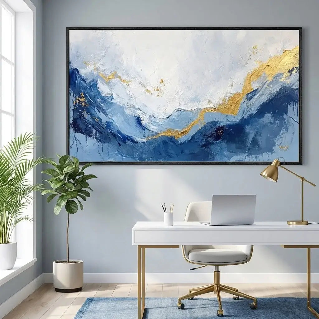 Modern office space with a large abstract painting, desk, chair, and plants.