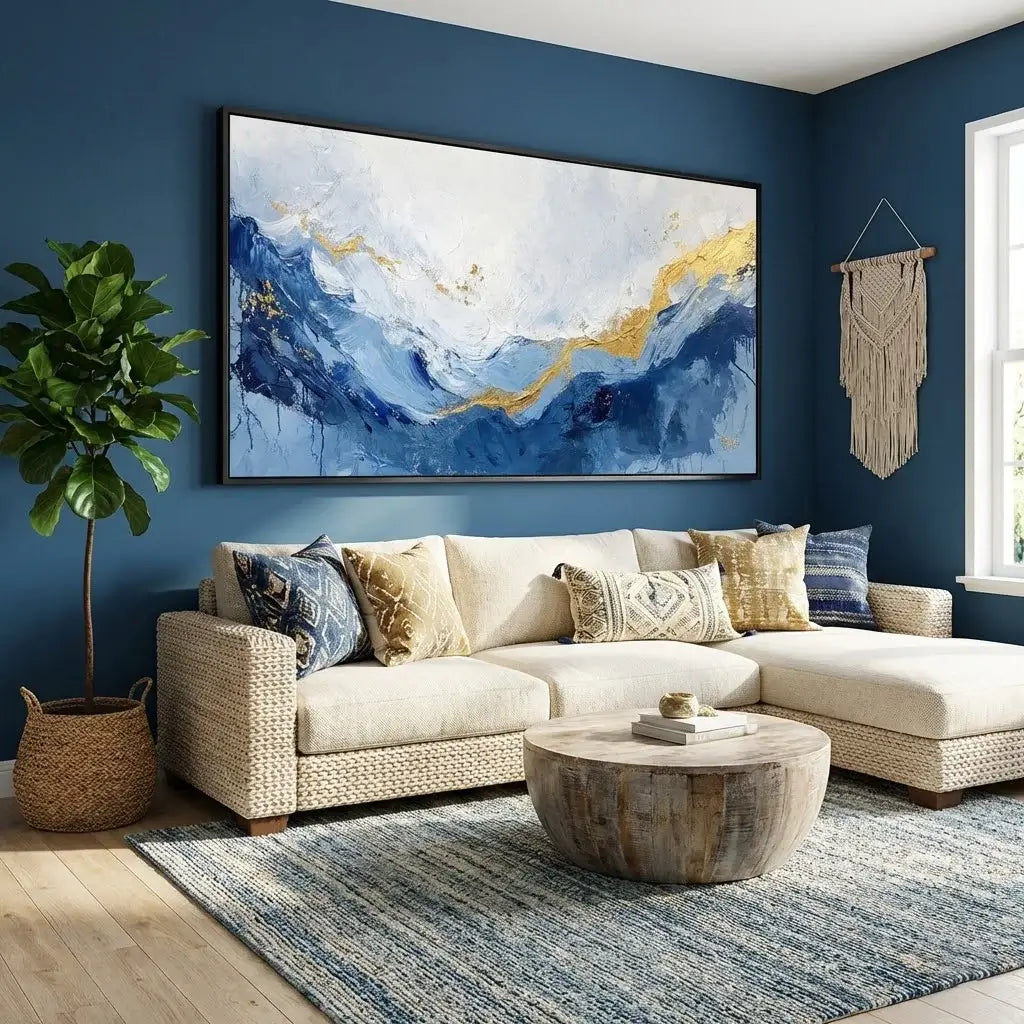 Living room with a beige sectional sofa, wooden coffee table, and abstract painting on a blue wall.