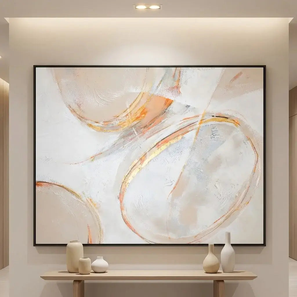 Abstract painting in a modern interior setting with decorative vases on a console table.