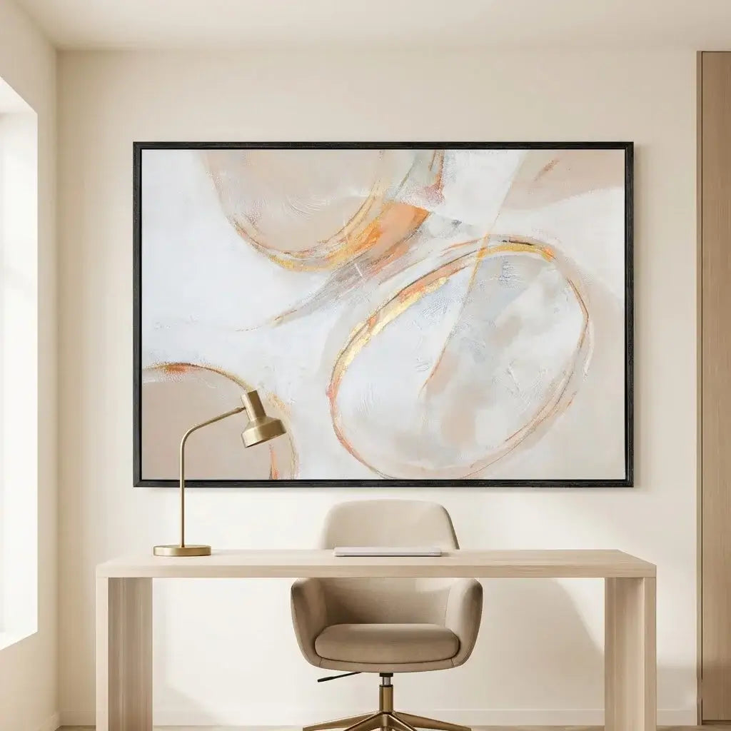 Modern office setup with abstract art, desk, chair, and lamp.