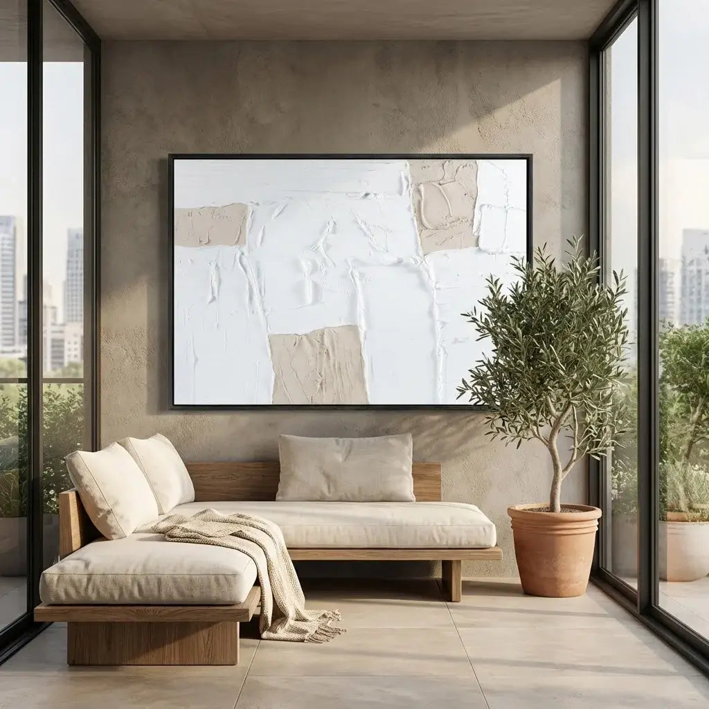 Modern living room with a wooden bench, cushions, and a large abstract painting on a concrete wall.
