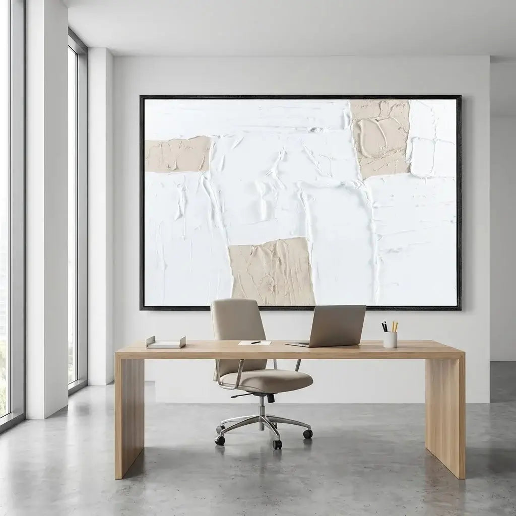 Modern office setup with a desk, chair, and large abstract painting on the wall.