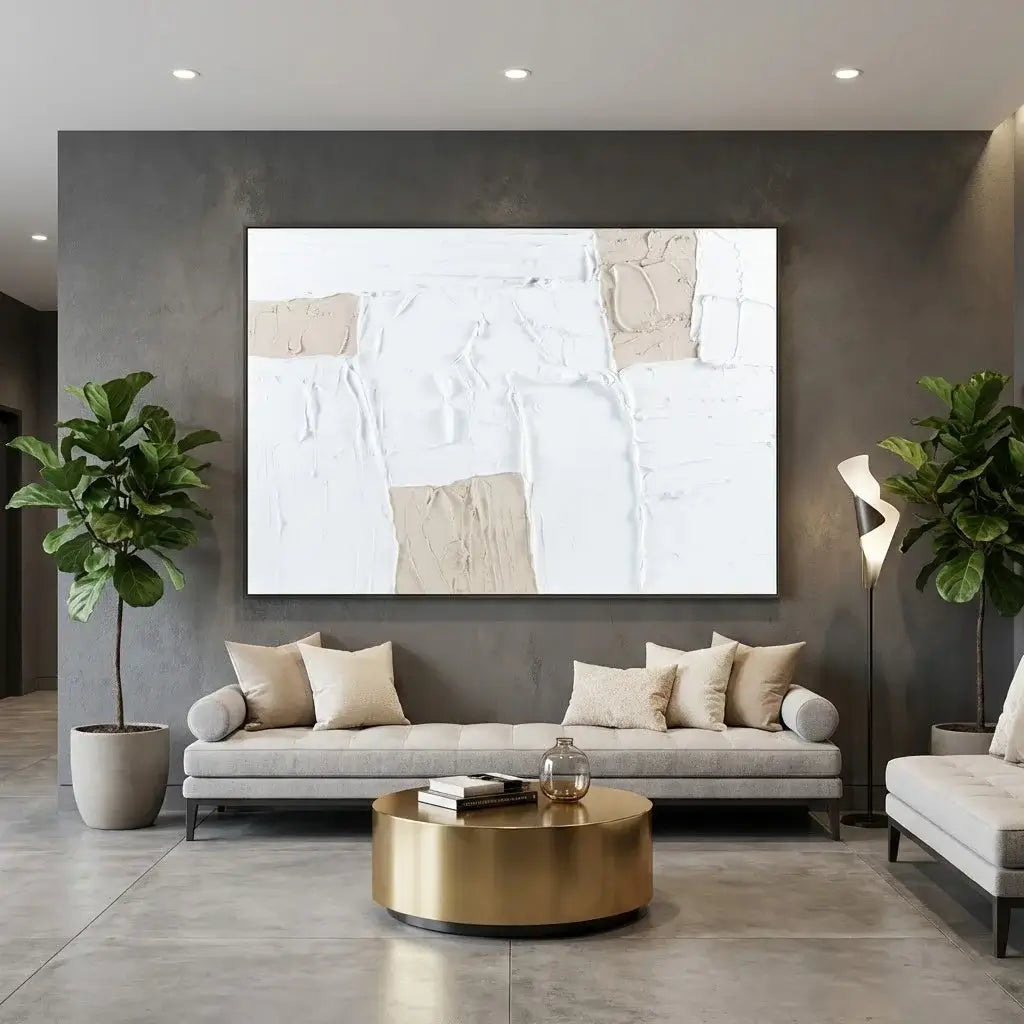 Modern living room with a gray sofa, gold coffee table, and abstract painting on a gray wall.