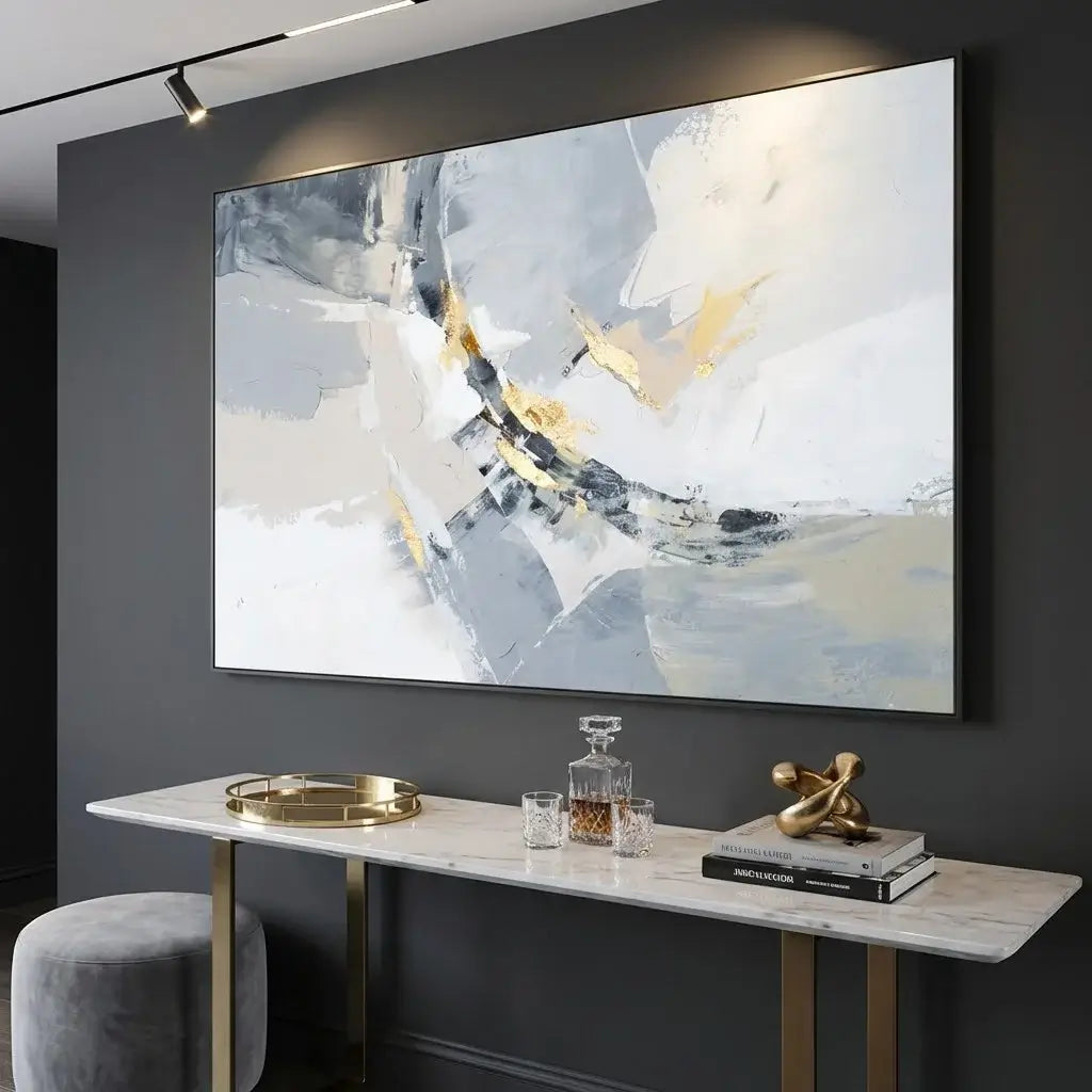 Abstract painting on a dark wall above a console table with decorative items.