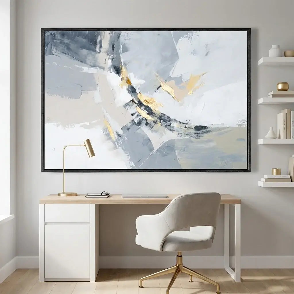Modern home office with a desk, chair, and abstract art on the wall.