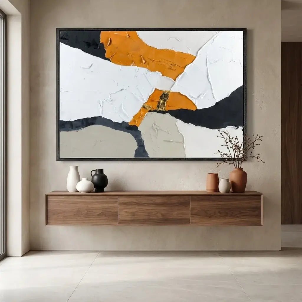 Modern living room with abstract art and wooden console table