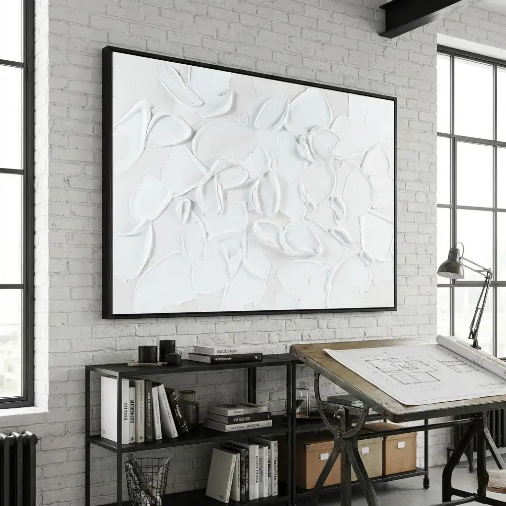 Modern office space with a large abstract painting on a brick wall.