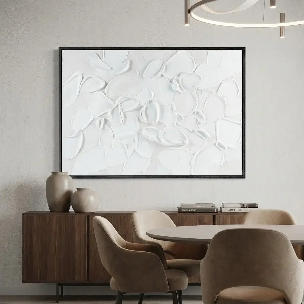 Modern dining room with abstract artwork on the wall