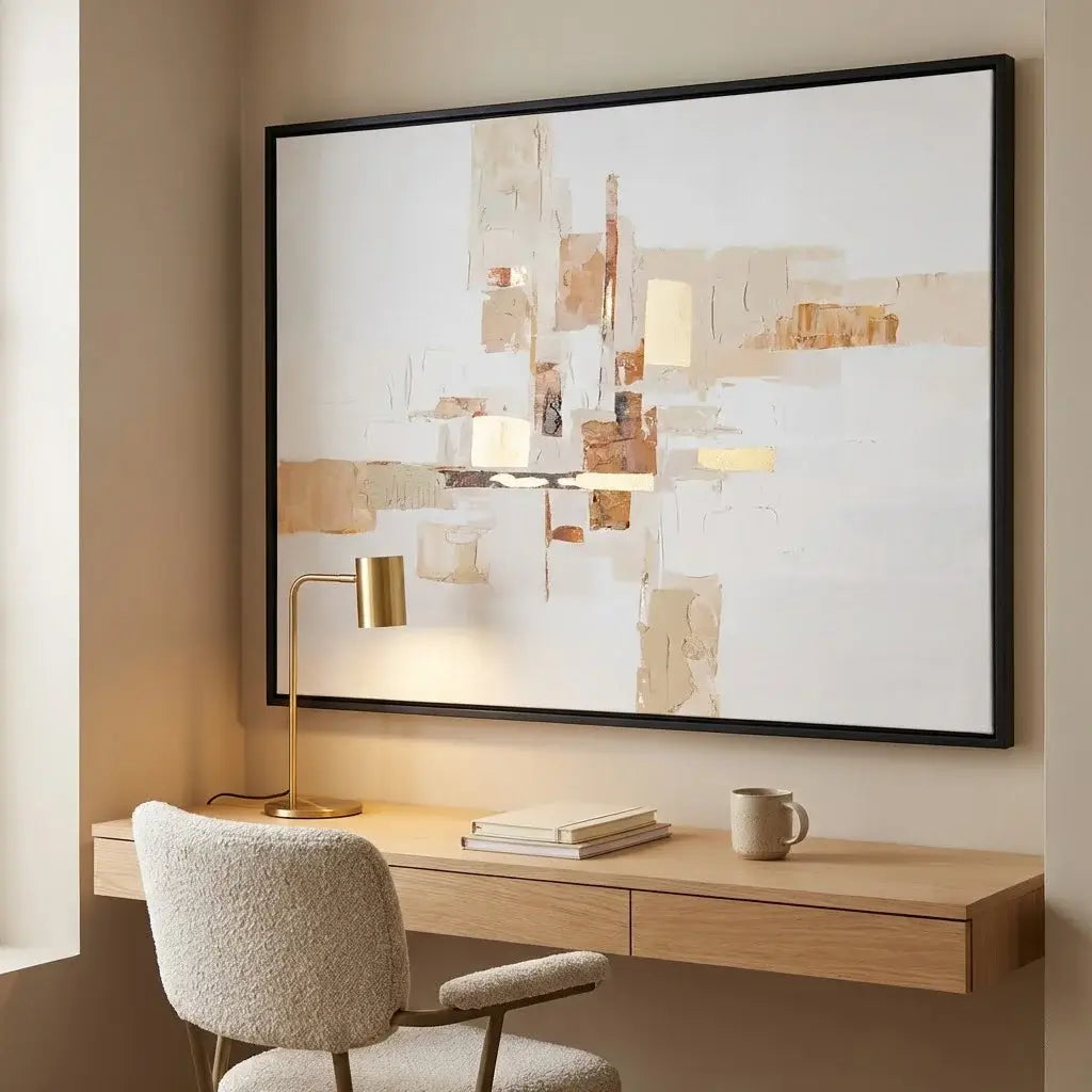 Modern home office with a desk, chair, lamp, and abstract painting.