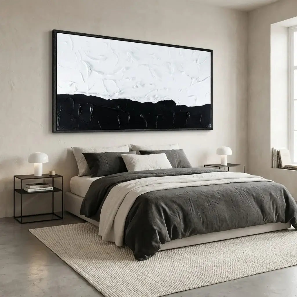 Modern bedroom with a bed, nightstands, and a large abstract painting on the wall.