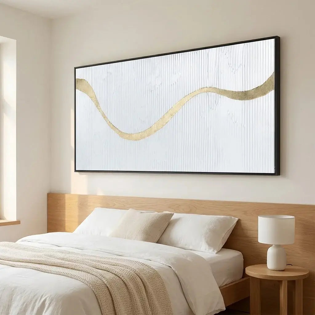 Bedroom with a large abstract painting above the bed